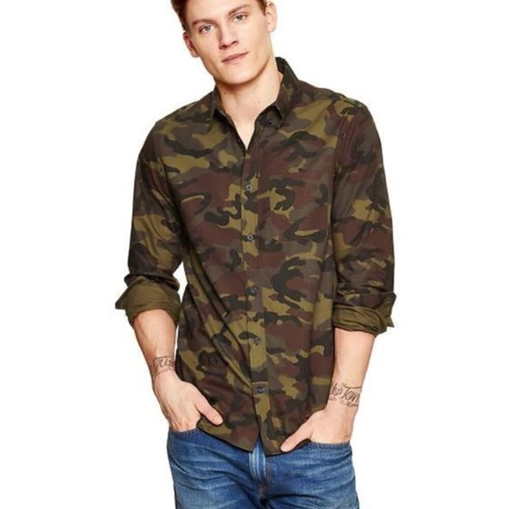 Gap The Modern Oxford Men's Camo Army Military Long Sleeve Button Up Shirt Top L